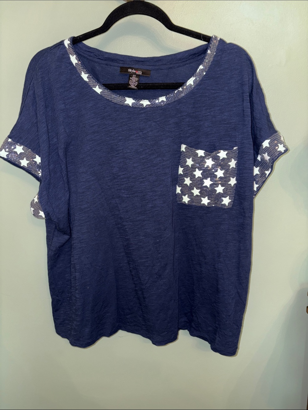 Style & Co. Navy Short Sleeve Star sequin Pocket Tee